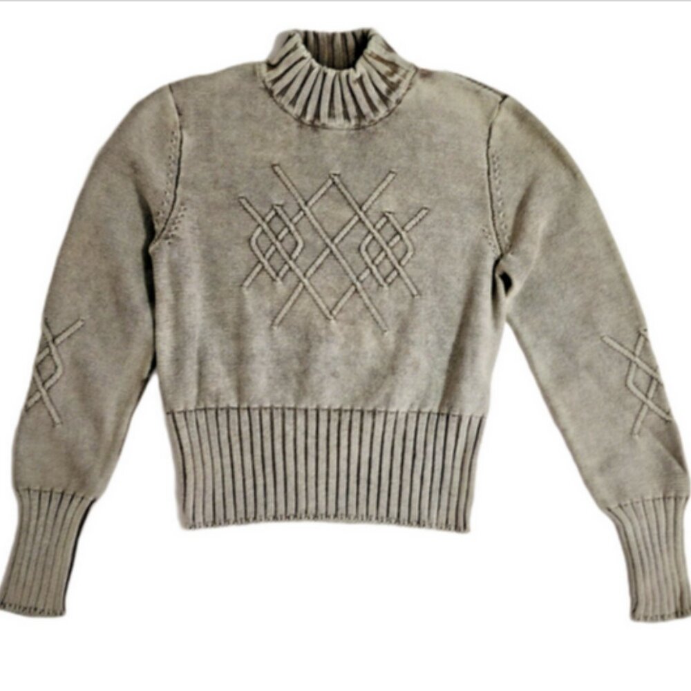 Eastside Westside Womens Sage Gray Cotton Fitted Cabel Knit Sweater Size M